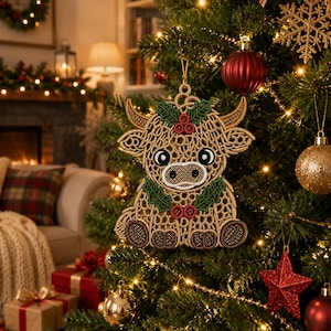 May include: A tan, lace-style embroidered Highland cow ornament hanging on a Christmas tree. The cow features dark brown hooves, a white muzzle, and is decorated with green holly leaves and red berries at the top and bottom of its body.