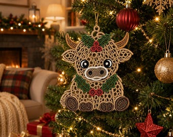 May include: A tan, lace-style embroidered Highland cow ornament hanging on a Christmas tree. The cow features dark brown hooves, a white muzzle, and is decorated with green holly leaves and red berries at the top and bottom of its body.