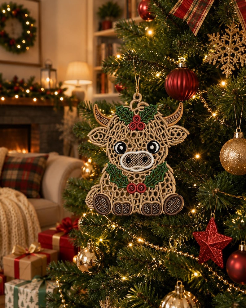 May include: A tan, lace-style embroidered Highland cow ornament hanging on a Christmas tree. The cow features dark brown hooves, a white muzzle, and is decorated with green holly leaves and red berries at the top and bottom of its body.