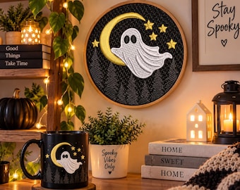 Disegno per ricamo "Spettro Luna e Fantasma Spettrale", file per macchina da ricamo di Halloween (download digitale)