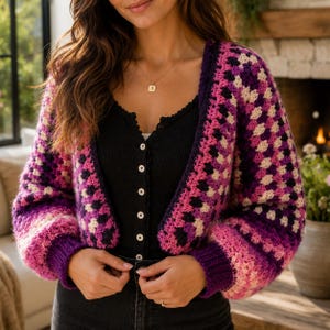 Crochet Cardigan Pattern PDF | Granny Stitch Cardigan Pattern | Color Block Crochet Sweater | Cropped Open Front Cardigan | Boho Jacket