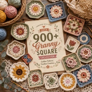 Könnte beinhalten: Eine Sammlung verschiedener gehäkelter Granny Squares mit Blumen- und geometrischen Mustern, die ein Buch mit dem Titel Handmade with Love Over 900+ Granny Square Collection umgeben, begleitet von Wollknäueln und Häkelnadeln.