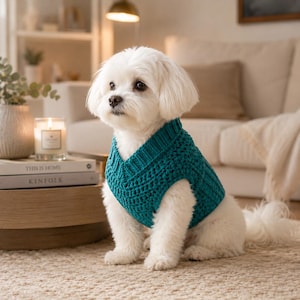 May include: A small white dog with long fur wearing a teal crochet sweater. The sweater features a V-neckline and a textured, ribbed knit pattern. The dog is sitting upright, showcasing the sleeveless design of the garment against its white coat.