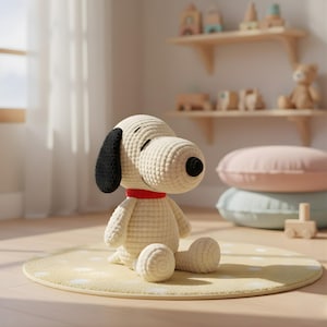 May include: A plush, off-white Snoopy doll with black ears, a black nose, and a red collar sits on a yellow rug. The doll is made of a textured material and is in a child's room setting.