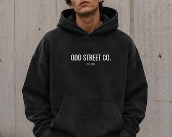 Oversized Streetwear Hoodie, Black Minimalist Hoodie, Odd Street Co Graphic Pullover, Comfortable Unisex Hoodie, Vintage Black Urban Hoodie