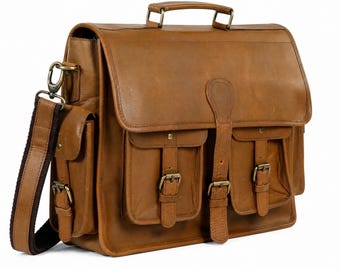 Handcrafted Tan Leather Satchel Bag | Military Style Briefcase Messenger Laptop Bag