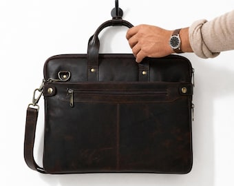 Dark Brown Full-Grain Leather Briefcase | Slim Laptop Office Messenger Bag