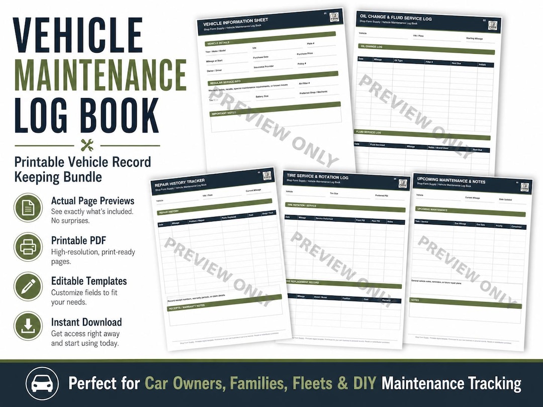 Vehicle Maintenance Log Book, Printable Car Service Tracker (PDF ...
