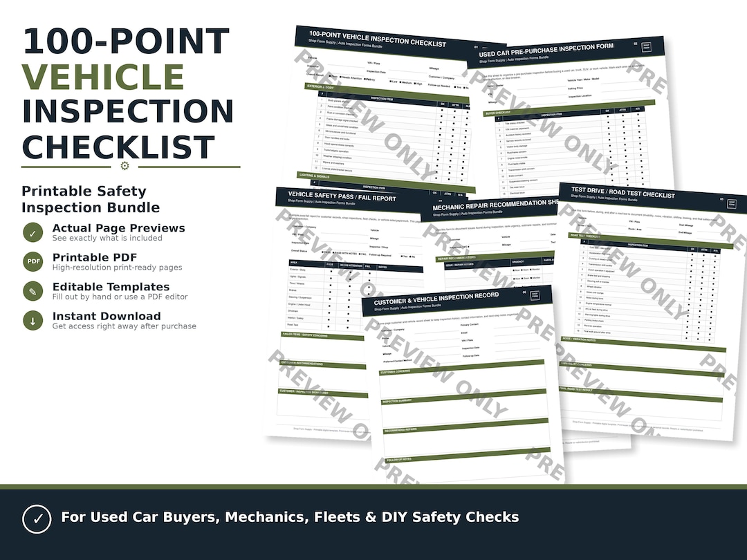 100-point Vehicle Inspection Checklist Bundle (printable PDF) - Etsy