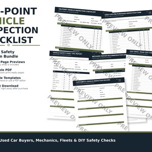 May include: A collection of printable vehicle inspection checklists. The title reads "100-POINT VEHICLE INSPECTION CHECKLIST". The bundle includes forms such as a pre-purchase inspection form and a road test checklist. The text "PREVIEW ONLY" is watermarked on the forms.