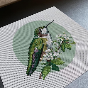Green Hummingbird Needlepoint Canvas, Beginner Friendly Needlepoint Printed Canvas, Botanical Bird Decor-353