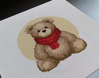Sciarpa con orsetto di peluche, tela per ricamo a punto croce, tela stampata adatta ai principianti, graziosa decorazione per la cameretta dei bambini.