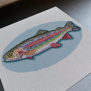 Nålstickad canvasduk med regnbågsöring, nybörjarvänlig nålstickad tryckt canvas, dekoration för hus i fiskesjö-356