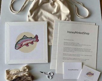 Kit per ricamo a punto croce con trota iridea, kit per principianti con tela stampata, decorazione a tema pesca - 321