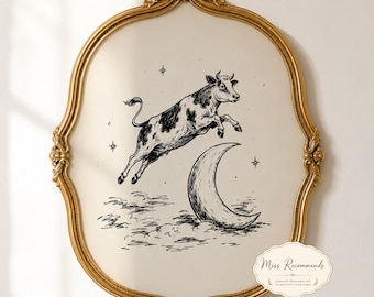 Nad księżycem | Grafika ścienna do druku, Krowa skacząca nad księżycem, Ilustracja do pokoju dziecięcego z bajki w stylu vintage, Fantazyjny wystrój, Pobieranie cyfrowe