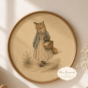 May include: A circular framed wall art piece featuring a detailed illustration of a fox standing upright, wearing a blue jacket and a patterned dress with a scarf, while carrying a woven basket. The background is a muted beige tone with small plants.