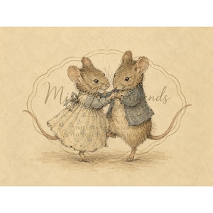 Vintage-inspired illustration of two dancing mice wearing storybook clothing, holding hands on a warm neutral background, creating whimsical printable wall art for nurseries, playrooms, and cottage-style homes.