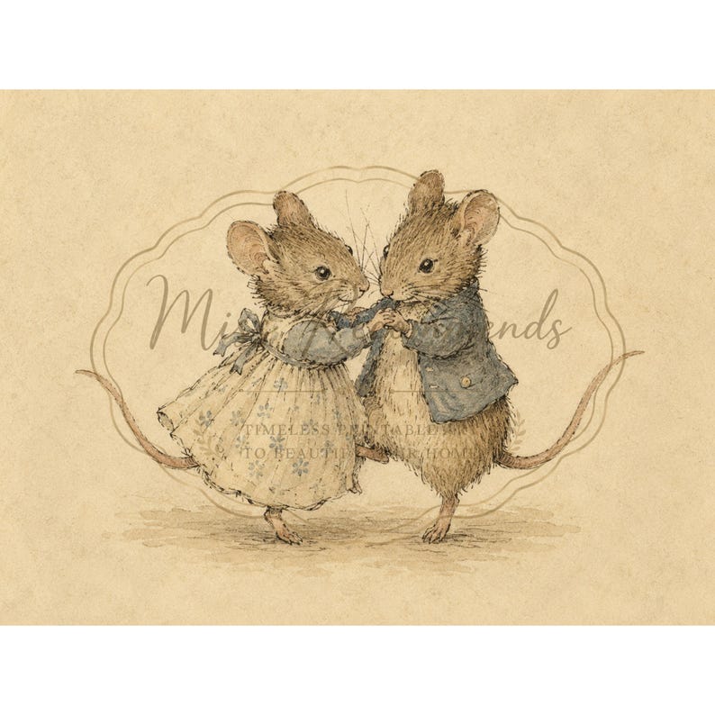Vintage-inspired illustration of two dancing mice wearing storybook clothing, holding hands on a warm neutral background, creating whimsical printable wall art for nurseries, playrooms, and cottage-style homes.
