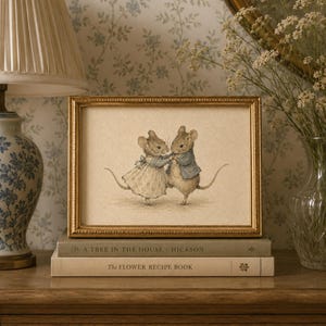 Vintage-inspired illustration of two dancing mice wearing storybook clothing, holding hands on a warm neutral background, creating whimsical printable wall art for nurseries, playrooms, and cottage-style homes.