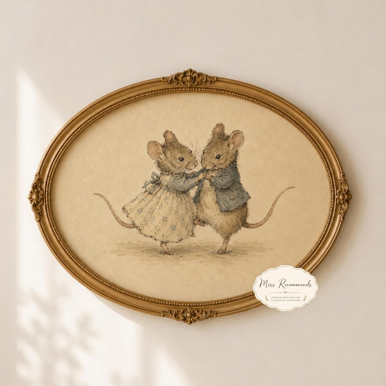 Vintage-inspired illustration of two dancing mice wearing storybook clothing, holding hands on a warm neutral background, creating whimsical printable wall art for nurseries, playrooms, and cottage-style homes.