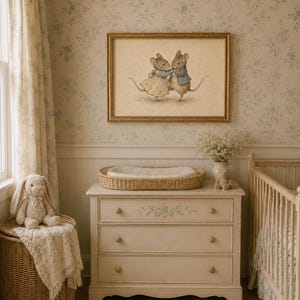 Vintage-inspired illustration of two dancing mice wearing storybook clothing, holding hands on a warm neutral background, creating whimsical printable wall art for nurseries, playrooms, and cottage-style homes.