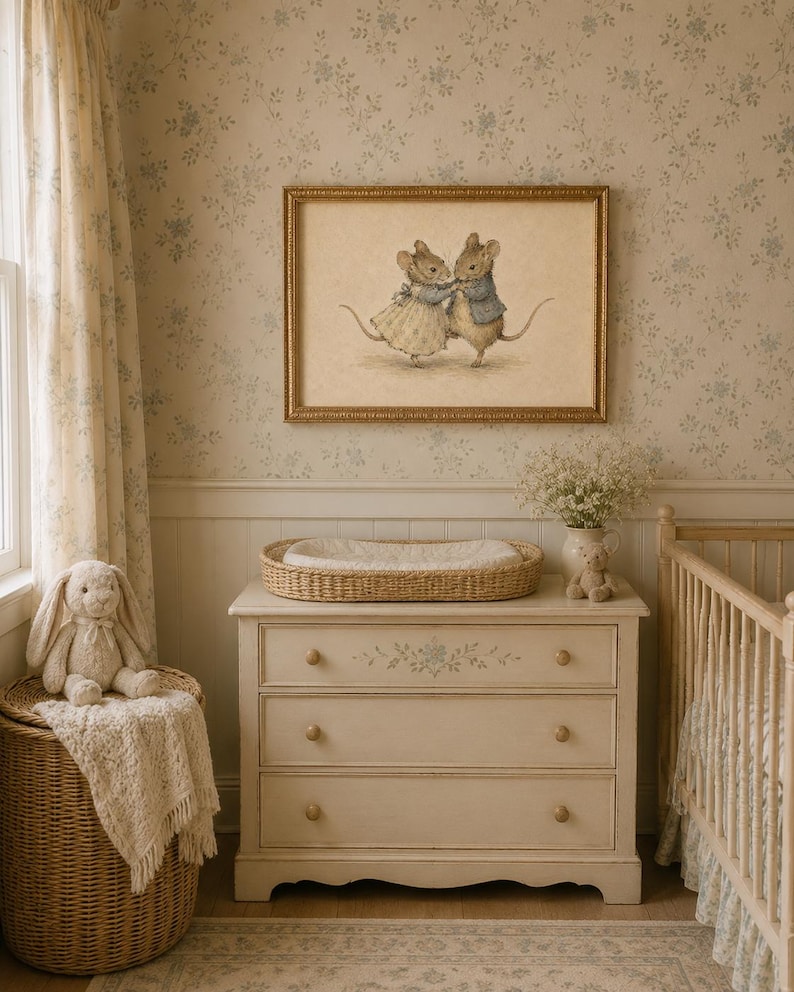Vintage-inspired illustration of two dancing mice wearing storybook clothing, holding hands on a warm neutral background, creating whimsical printable wall art for nurseries, playrooms, and cottage-style homes.
