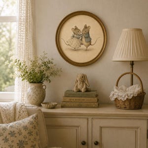 Vintage-inspired illustration of two dancing mice wearing storybook clothing, holding hands on a warm neutral background, creating whimsical printable wall art for nurseries, playrooms, and cottage-style homes.