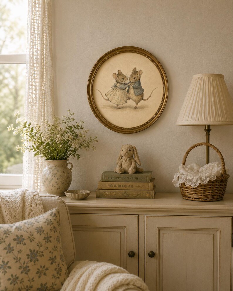 Vintage-inspired illustration of two dancing mice wearing storybook clothing, holding hands on a warm neutral background, creating whimsical printable wall art for nurseries, playrooms, and cottage-style homes.