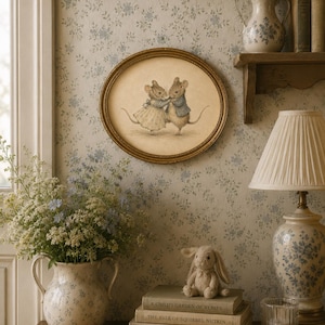 Vintage-inspired illustration of two dancing mice wearing storybook clothing, holding hands on a warm neutral background, creating whimsical printable wall art for nurseries, playrooms, and cottage-style homes.