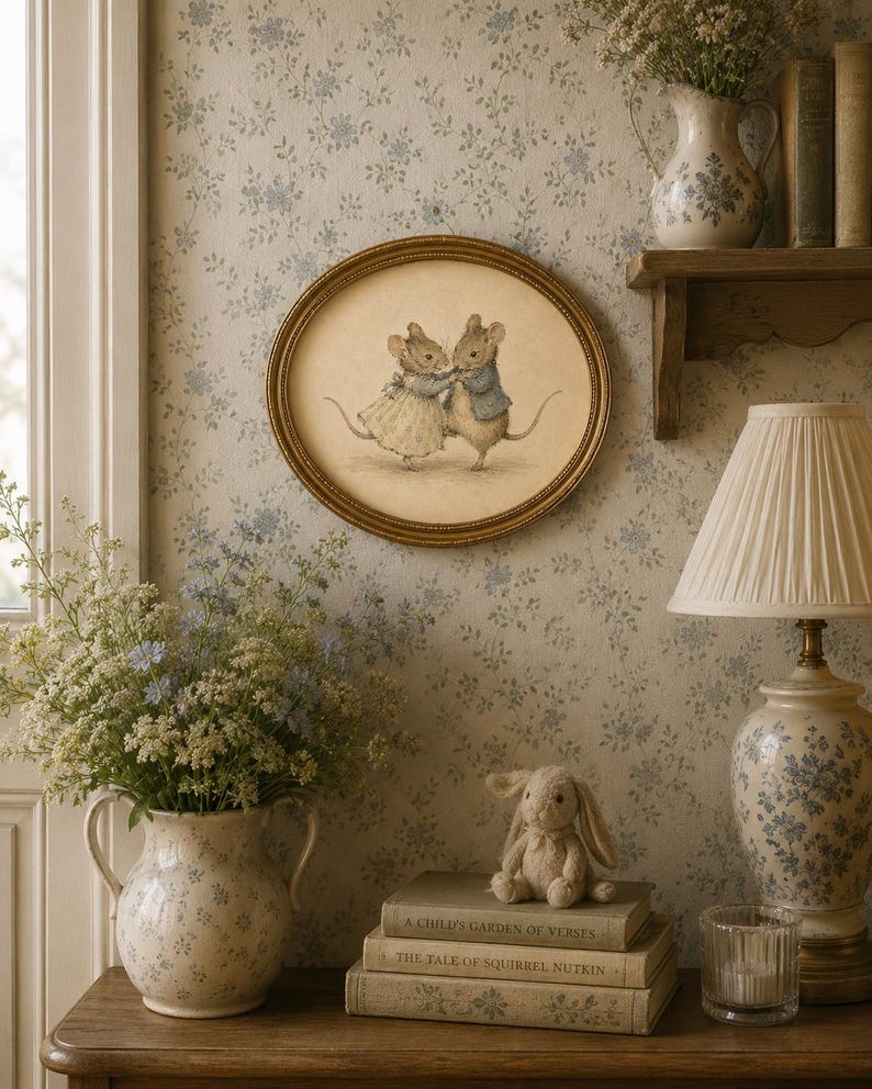 Vintage-inspired illustration of two dancing mice wearing storybook clothing, holding hands on a warm neutral background, creating whimsical printable wall art for nurseries, playrooms, and cottage-style homes.