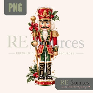 May include: A nutcracker figurine wearing a red and green uniform with gold accents, a tall hat, and white faux fur trim. The figure holds a gold staff topped with a sphere, decorated with holly leaves and red berries, standing on a circular base.
