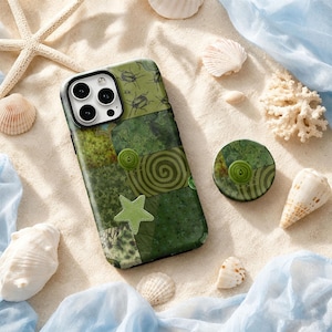 Green Patchwork Grunge Star Beetle iPhone 18 17 16 15 14 13 Pro Max, Samsung S26 S25 Case, Vintage Collage Aesthetic Protective Phone Cover
