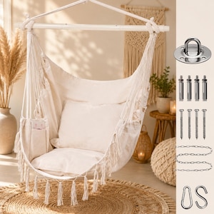 Handmade Macrame Hammock Chair with Cushions, Boho Hanging Swing Indoor Outdoor