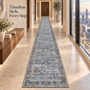 May include: A long runner rug featuring a detailed blue, gray, and cream floral pattern with a decorative border. The rug displays the text Timeless Style, Every Step in the upper left corner. The design includes intricate botanical motifs.