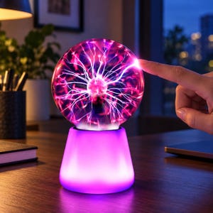 May include: A spherical plasma ball lamp featuring a clear glass globe filled with vibrant pink and purple electrical filaments that react to touch, set upon a solid, glowing purple base that illuminates the surrounding area with light.