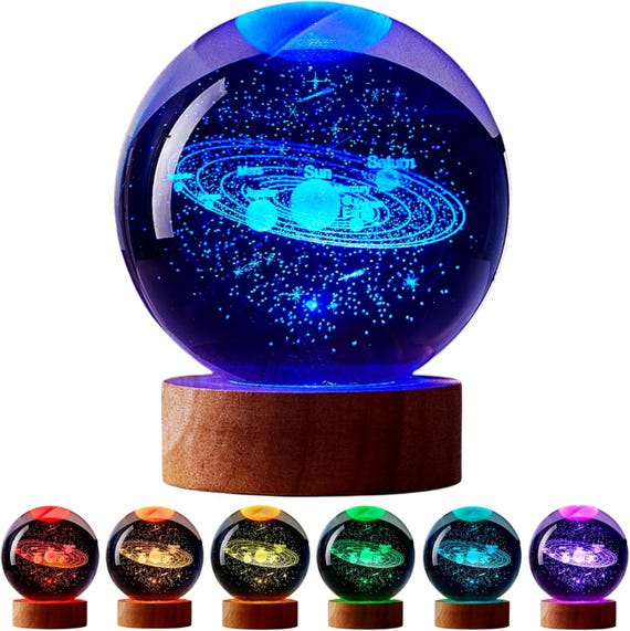 80mm 3D Solar System Crystal Ball, K9 Crystal Sphere, LED Wooden Base Night Light