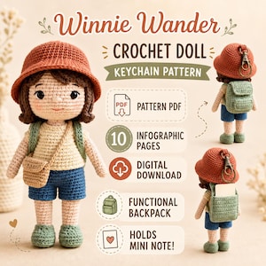 Crochet Doll Keychain Pattern PDF, Winnie Wander Traveler Amigurumi Bag Charm