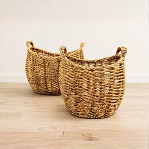 Oval Water Hyacinth Floor Baskets Set of 2, Handwoven Belly Basket for Blankets, Large Boho Plant Pot Cover, Nesting Nursery Laundry Storage