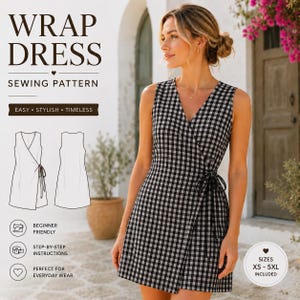 May include: A sewing pattern for a sleeveless wrap dress with a black and white gingham check print. The design features a V-neckline, a side tie closure, and a straight hem. The document includes text labels, technical line drawings, and size range XS-5XL.