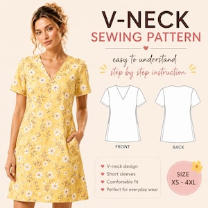 May include: A yellow V-neck dress with a white floral pattern. The image includes a sewing pattern diagram and text that reads "V-NECK SEWING PATTERN" and "easy to understand step by step instruction". The dress features short sleeves and a comfortable fit.