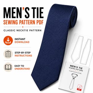 May include: A navy blue necktie with a diagonal ribbed texture, accompanied by a digital sewing pattern document. The text reads: MEN'S TIE SEWING PATTERN PDF, CLASSIC NECKTIE PATTERN, INSTANT DOWNLOAD, STEP-BY-STEP INSTRUCTIONS, EASY TO UNDERSTAND.