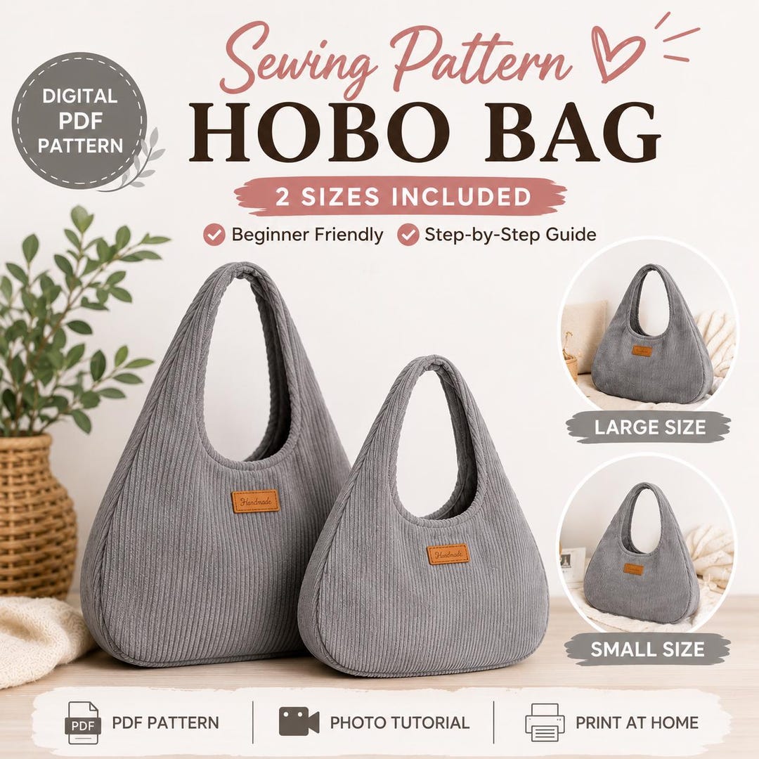 Hobo Bag Sewing Pattern PDF, Slouchy Shoulder Tote, 2 Sizes (digital ...