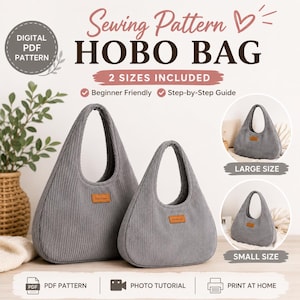 Könnte beinhalten: Ein digitales PDF-Schnittmuster für eine Hobo-Tasche in zwei Größen. Das Bild zeigt zwei graue Cord-Hobo-Taschen mit einem braunen Etikett im Leder-Look mit der Aufschrift Handmade. Der Text umfasst Sewing Pattern HOBO BAG und PDF PATTERN.