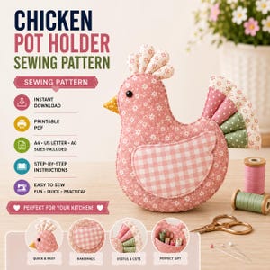 Chicken Pot Holder Sewing Pattern | Rustic Farmhouse Kitchen Oven Mitt Template (PDF Download)