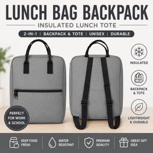 Peut inclure: Un sac à dos isotherme gris avec des sangles et des poignées noires. Le texte sur le sac indique "LUNCH BAG BACKPACK" et "INSULATED LUNCH TOTE". Comprend "2-EN-1 | BACKPACK & TOTE | UNISEX | DURABLE".