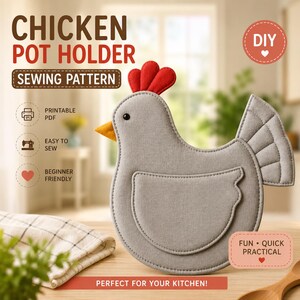Chicken Pot Holder Sewing Pattern PDF | Hen Hot Pad Oven Mitt Template | Easy Kitchen Sewing Project | DIY Chicken Trivet Digital Download