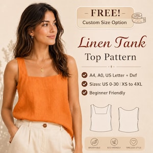 Puede incluir: Un top de lino naranja con cuello cuadrado. La imagen incluye el texto "Linen Tank Top Pattern", "Tallas: US 0-30 | XS to 4XL" y "Beginner Friendly". El diseño se describe como transpirable, ecológico y atemporal.