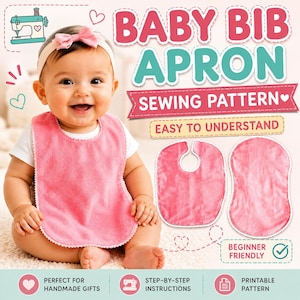 May include: A baby wearing a pink bib and headband smiles at the camera. The image includes text that reads "BABY BIB APRON SEWING PATTERN" and "EASY TO UNDERSTAND". Two pink bib patterns are shown. Icons indicate the pattern is perfect for handmade gifts, has step-by-step instructions, and is beginner friendly.