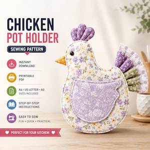 Chicken Pot Holder Sewing Pattern | Rustic Farmhouse Kitchen Oven Mitt Template (PDF Download)