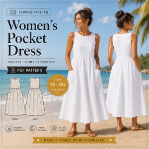 Può includere: Un abito midi bianco senza maniche con scollo rotondo e tasche laterali. Il testo recita: Sewing Pattern, Women's Pocket Dress, Timeless, Comfy, Effortless, PDF Pattern, Sizes XS-5XL, Easy to Sew, Instant Download, Print at Home, A4/US Letter.